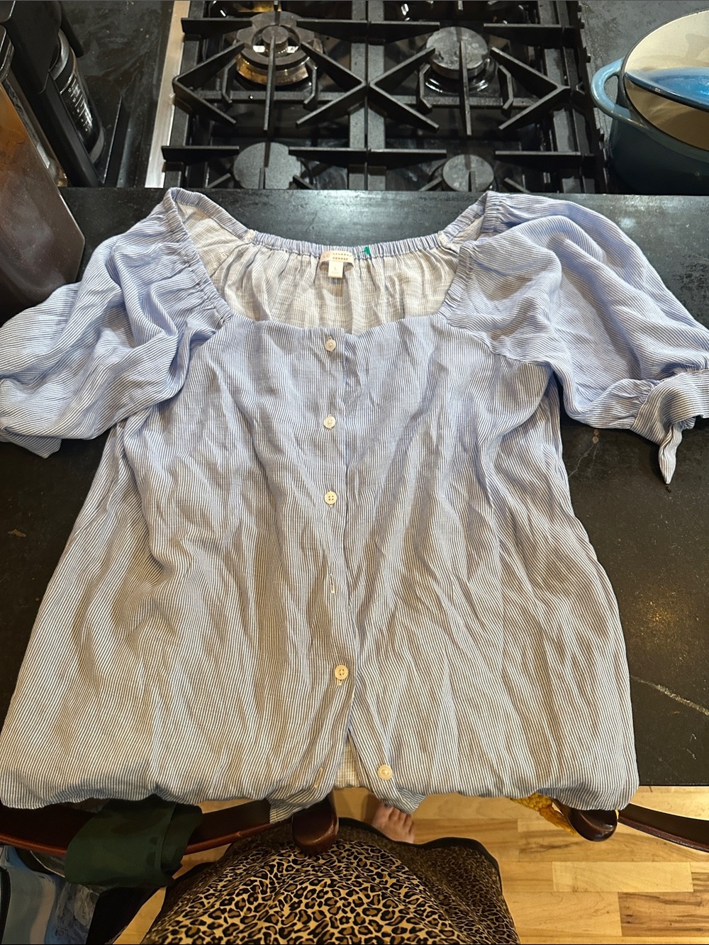 LC Lauren Conrad Light Blue Striped Off-Shoulder Button Blouse